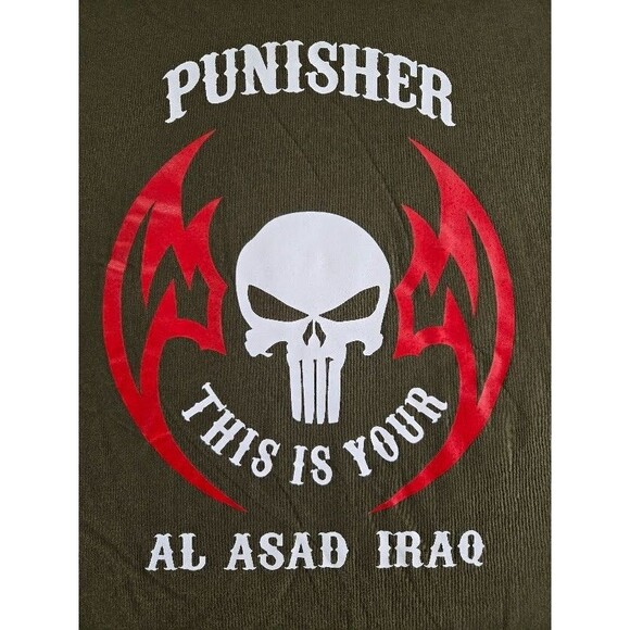 Vintage Military Shirt Mens Large Al Asad Iraq Air Base Punisher Green Air Force - Picture 2 of 5